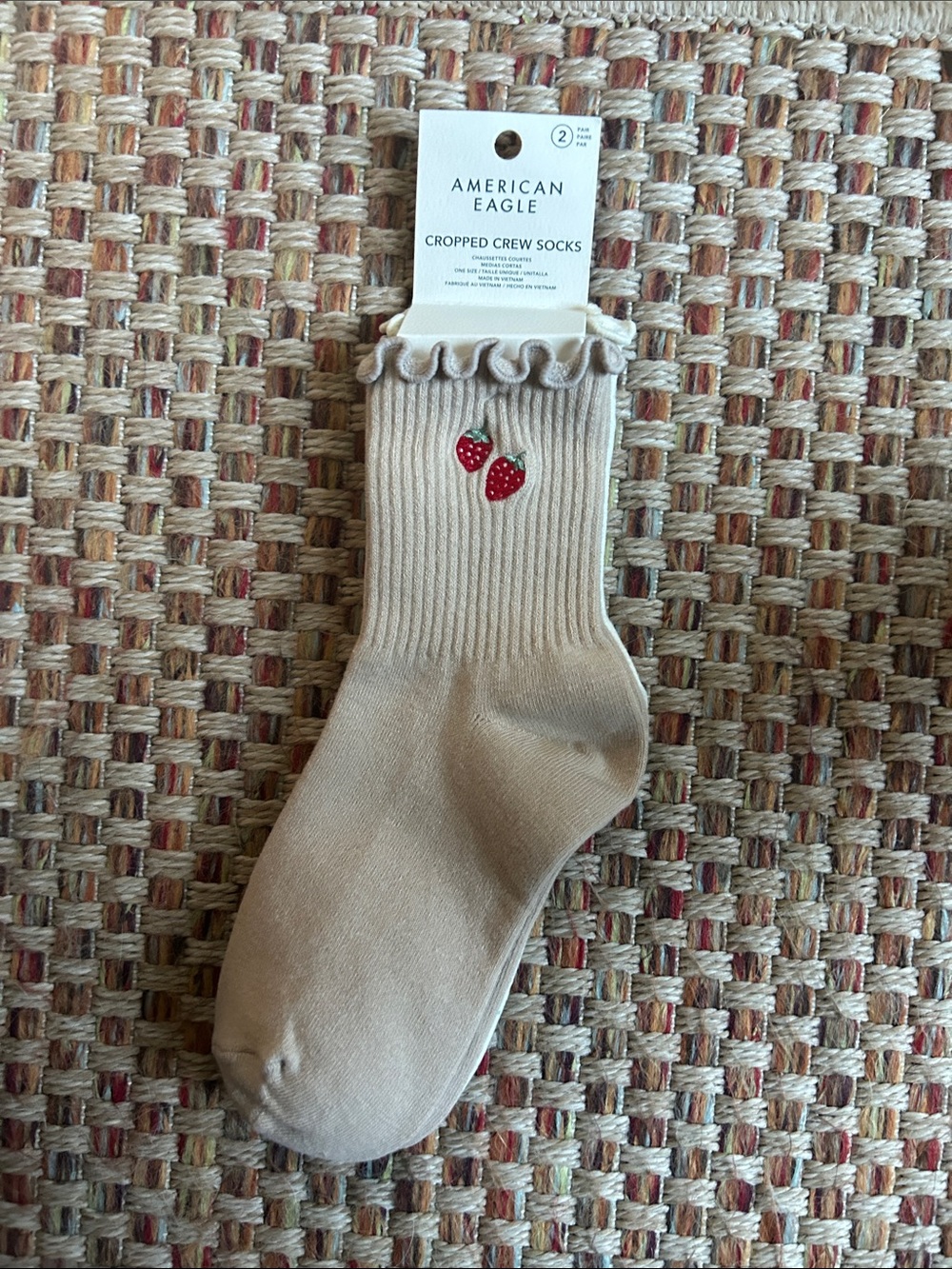 American Eagle Outfitters Beige Cropped Crew Socks with Strawberry Embroidery